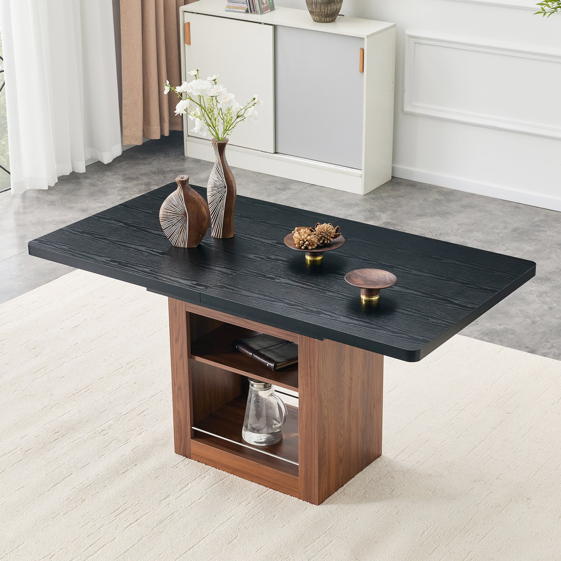 Rectangular MDF walnut dining table with storage, expandable for kitchen, dining room, or apartment use, by Start2Finish.