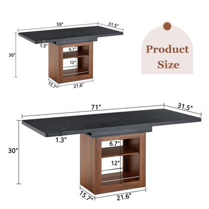 Rectangular MDF walnut dining table with storage, expandable for dining room, kitchen, or apartment dining spaces.