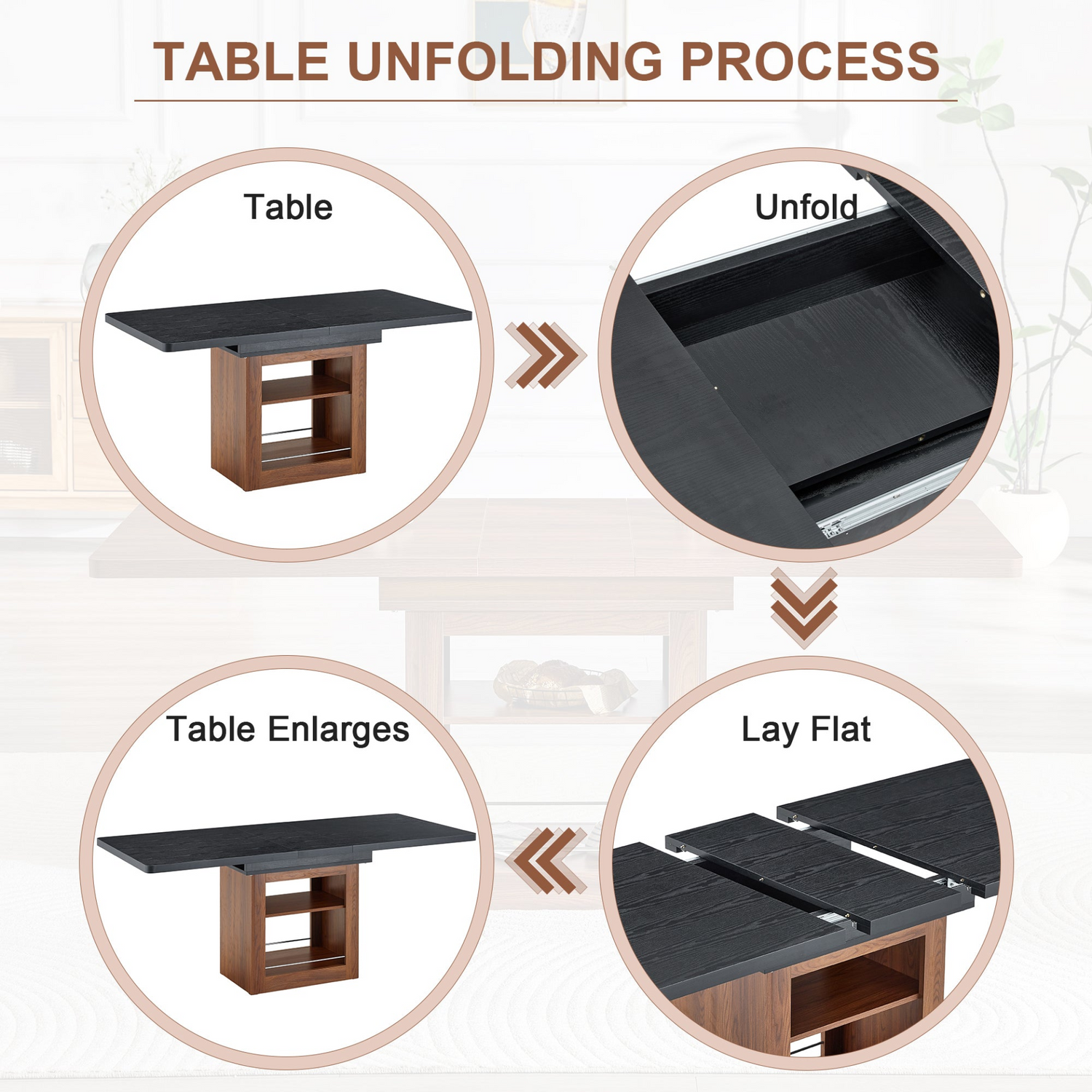Rectangular MDF walnut dining table with storage and extension, ideal for kitchen, dining room, or apartment dining spaces.