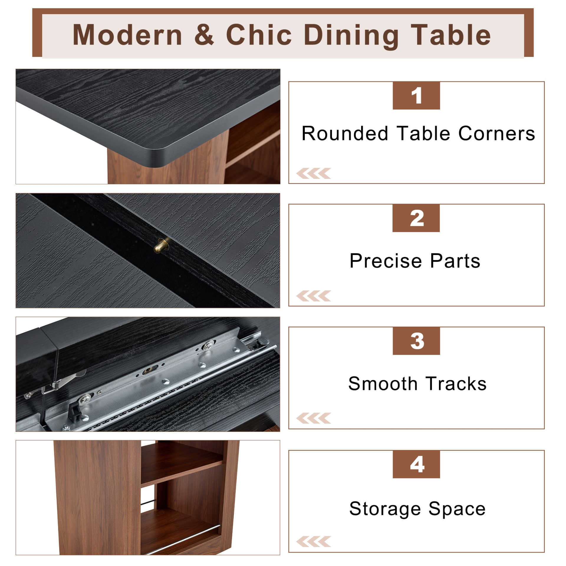 Rectangular MDF walnut dining table with storage and extendable leaves, ideal for kitchen, dining room, or apartment dining areas.