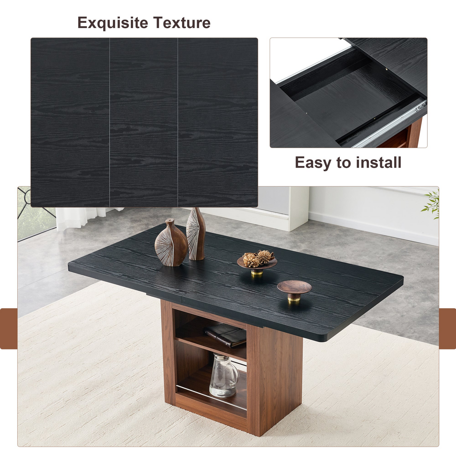 Rectangular MDF walnut dining table with storage and extension, ideal for kitchens, dining rooms, and apartments.