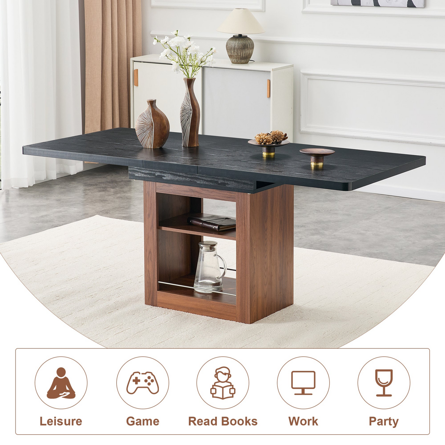 Rectangular MDF walnut dining table with storage and extendable leaves, ideal for kitchens, dining rooms, or apartments.