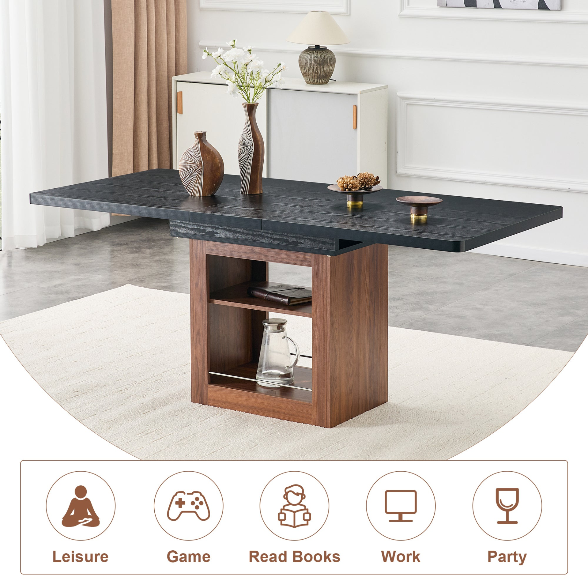Rectangular MDF walnut dining table with storage and extendable leaves, ideal for kitchens, dining rooms, or apartments.