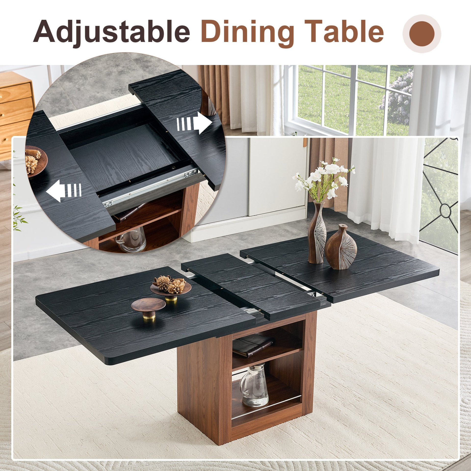 Rectangular MDF walnut dining table with storage and expandable design, ideal for kitchen, dining room, or apartment dining spaces.