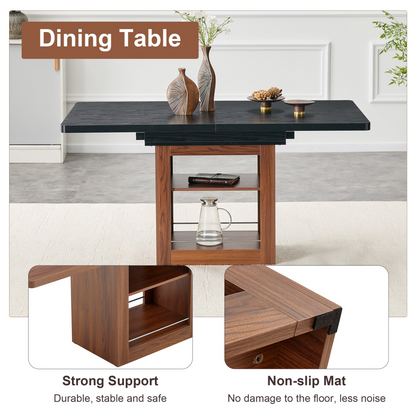 Rectangular MDF walnut dining table with storage, expandable for dining room, kitchen, or apartment dining spaces.