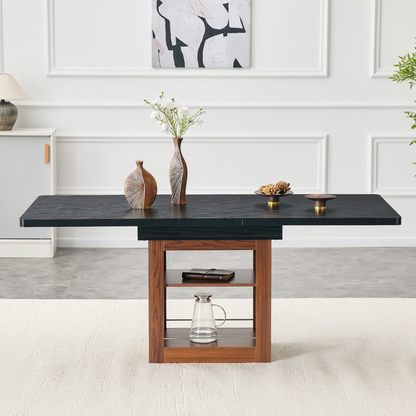Rectangular MDF walnut dining table with storage and expandable design, suitable for kitchen, dining room, or apartment dining.