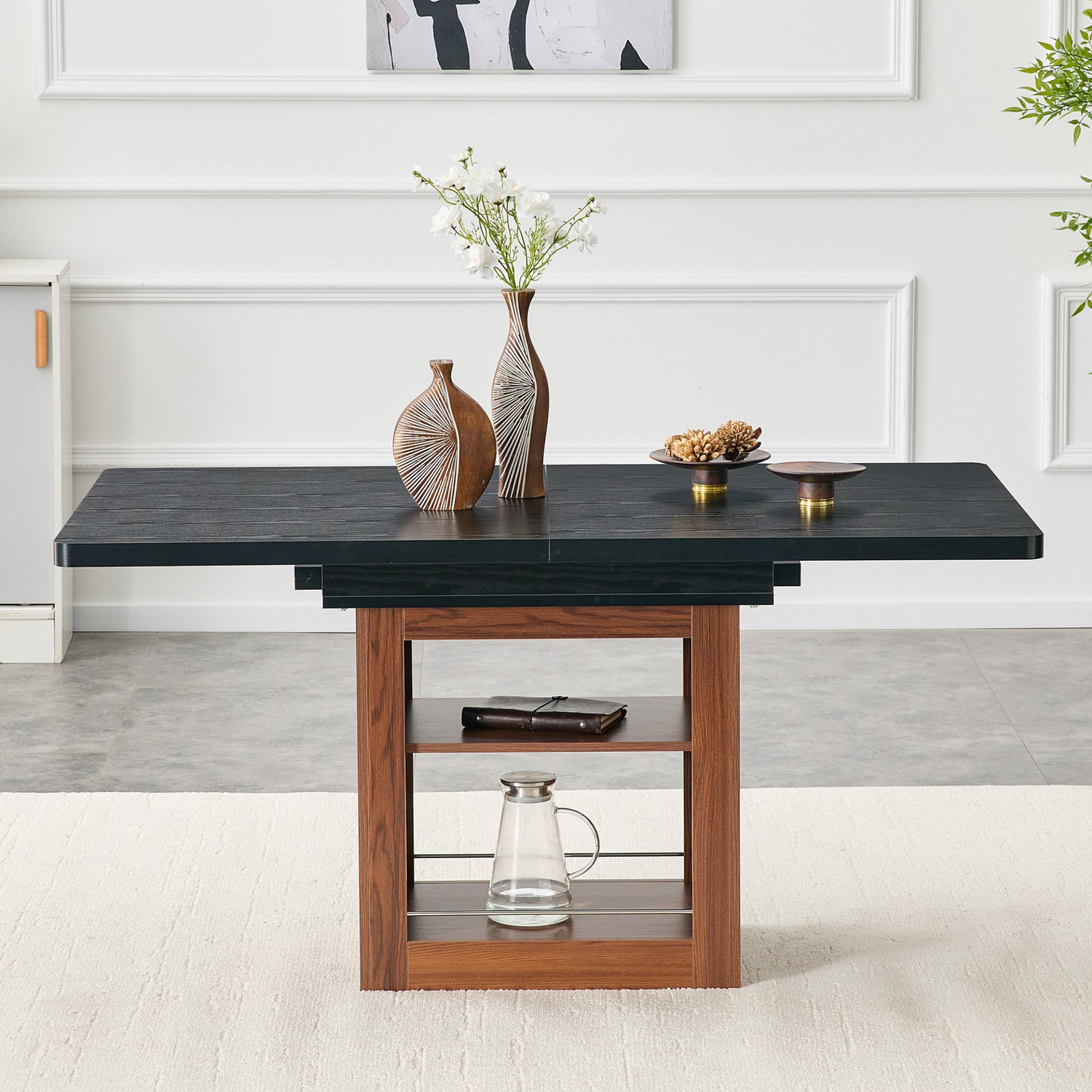 Rectangular MDF walnut dining table with expandable design, storage options, ideal for kitchen, dining room, or apartment.
