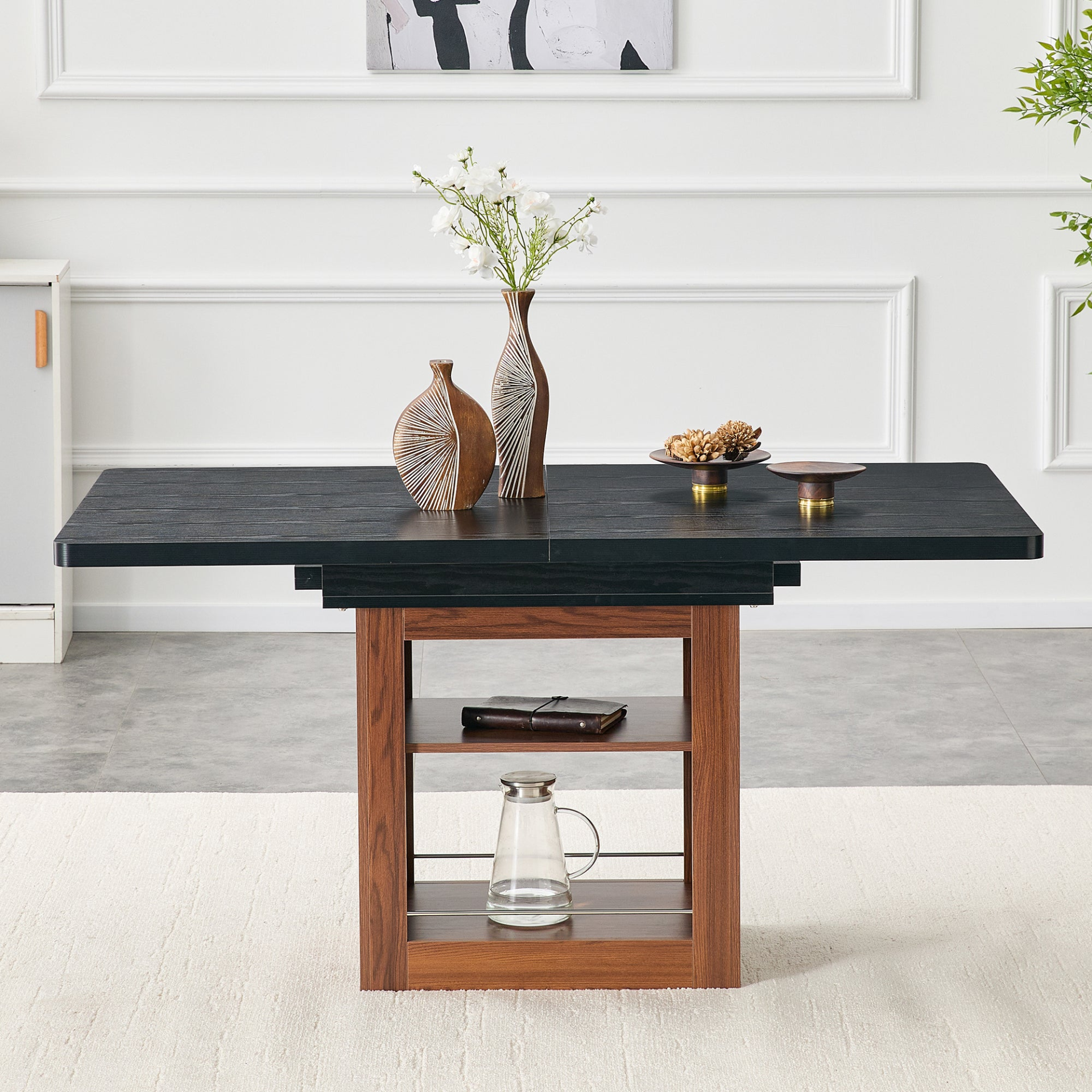 Rectangular MDF walnut dining table with expandable design, storage options, ideal for kitchen, dining room, or apartment.