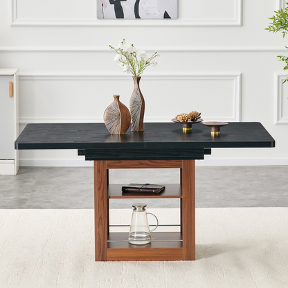 Rectangular MDF walnut dining table with expandable design, storage options, ideal for kitchen, dining room, or apartment.