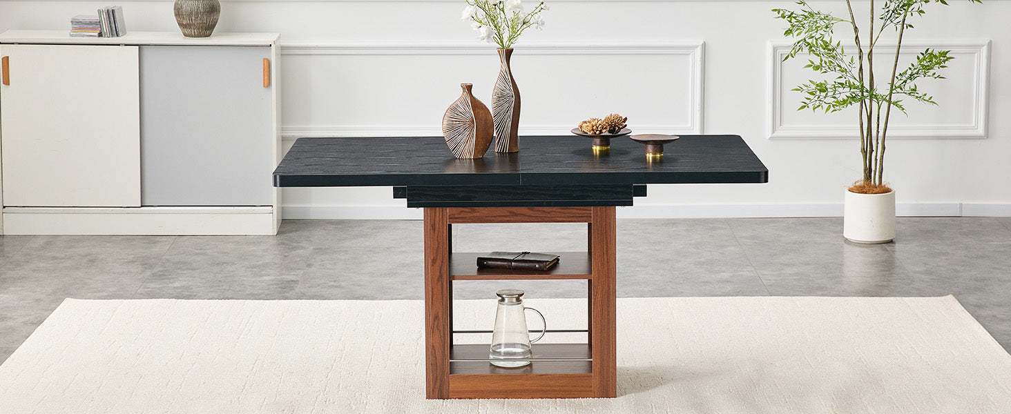 Start2Finish rectangular MDF walnut dining table with storage, expandable for kitchen, dining room, or apartment dining.