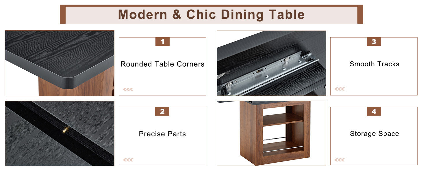 Rectangular MDF walnut dining table with storage, expandable for dining rooms, kitchens, and apartments, by Start2Finish furniture.