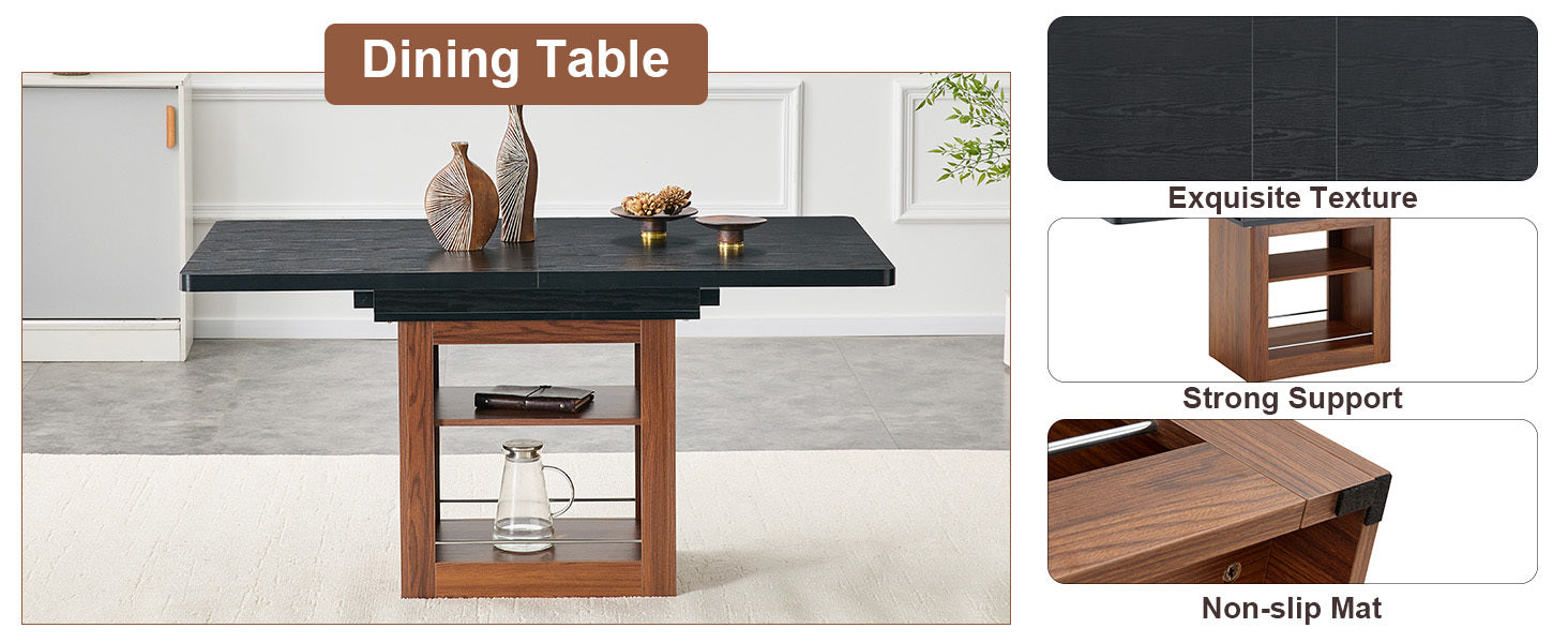 Rectangular MDF walnut dining table with expandable design and built-in storage, ideal for kitchen, dining room, or apartment dining.