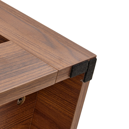 Rectangular MDF walnut dining table with storage, expandable for kitchen, dining room, or apartment dining spaces.