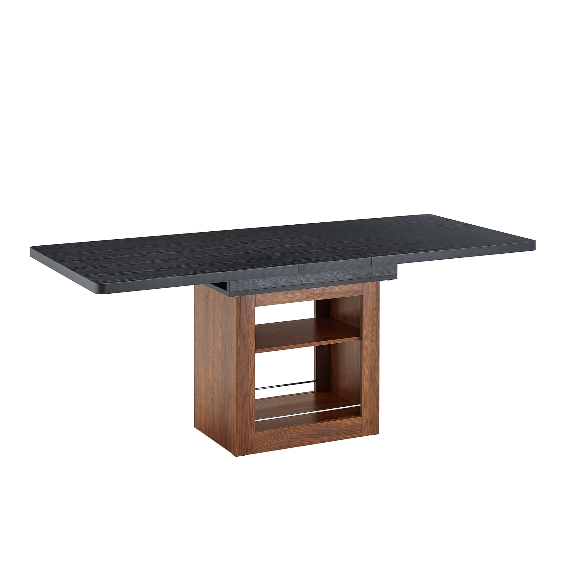 Rectangular MDF walnut dining table with storage and extendable leaves, ideal for kitchen, dining room, or apartment dining spaces.