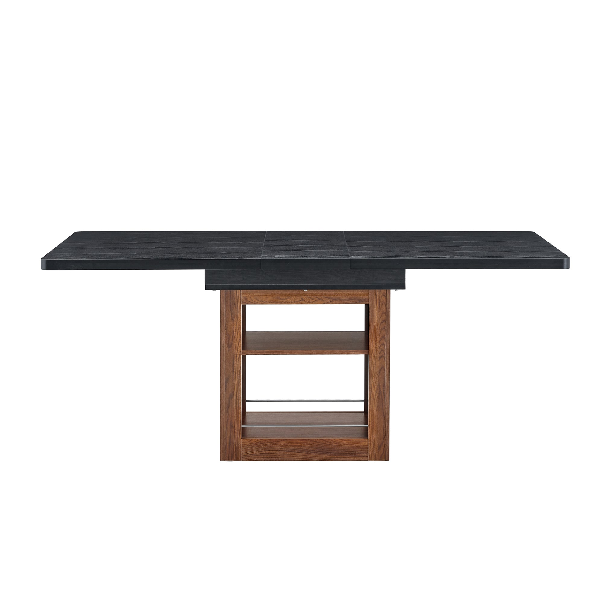 Rectangular MDF walnut dining table with storage, expandable for dining room, kitchen, or apartment dining spaces.