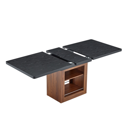 Rectangular MDF walnut dining table with storage and expandable design, ideal for dining rooms, kitchens, and apartments.