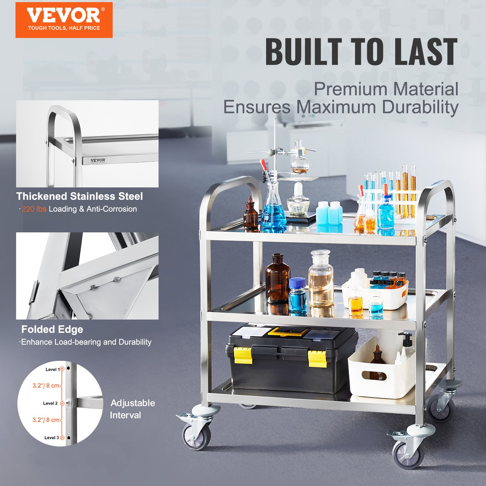 Start2Finish stainless steel lab utility cart with three shelves, lockable wheels, and 400 lbs capacity for medical, lab, or kitchen use.
