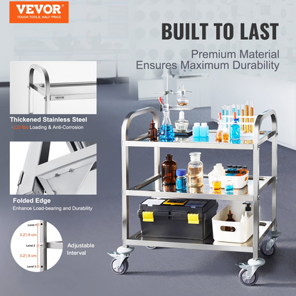 Start2Finish stainless steel lab utility cart with three shelves, lockable wheels, and 400 lbs capacity for medical, lab, or kitchen use.