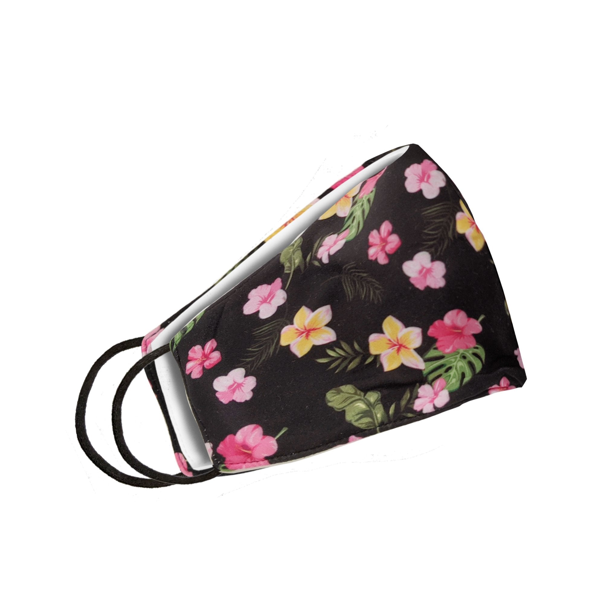 Black floral face mask for women by Cyan Poppy, featuring a stylish flower pattern and comfortable fit.