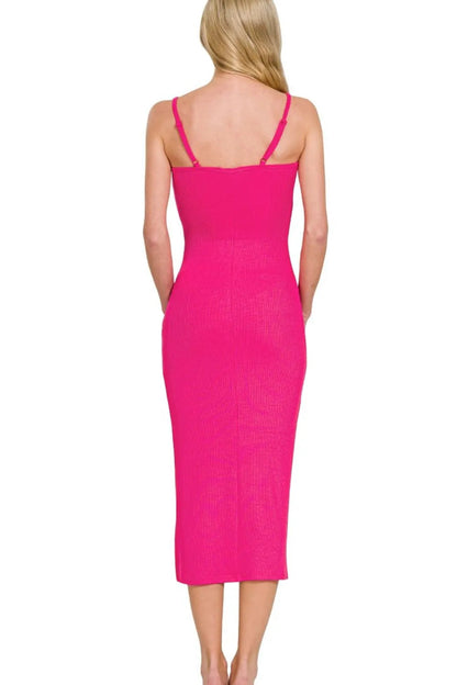 Ribbed Zenana Bodycon Midi Dress in automotive style, designed by Jade Icarus, shown on a model with a sleek, fitted silhouette