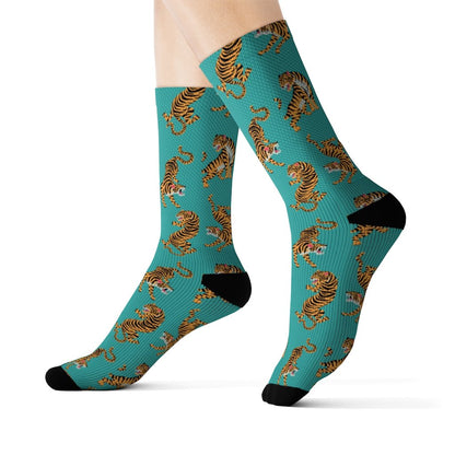 Yellow Pandora Tiger Fun novelty socks featuring playful tiger stripe patterns and vibrant colors.