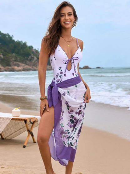 Jade Iapetus printed spaghetti strap one-piece cover-up swim set with vibrant patterns and lightweight fabric.