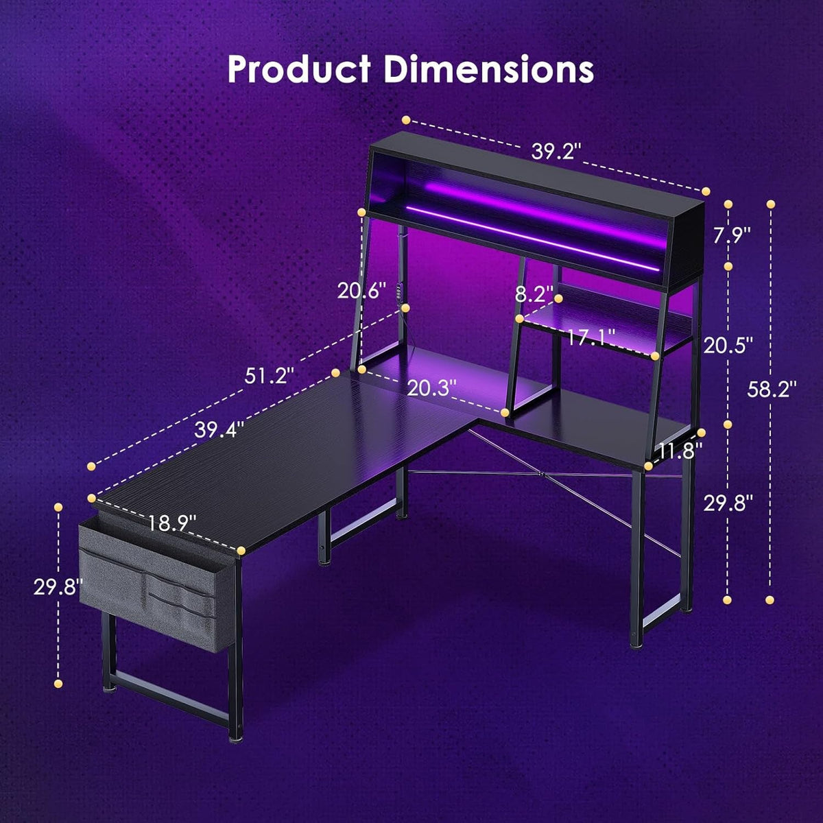 Fifty One Inch L Shaped Gaming Desk With Display Shelves LED Illumination