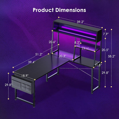 Fifty One Inch L Shaped Gaming Desk With Display Shelves LED Illumination