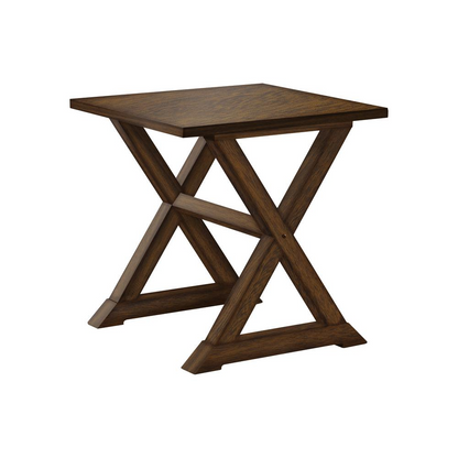 Square accent table by Start2Finish with a brown veneer finish, featuring a transitional lamp design on a sleek surface.