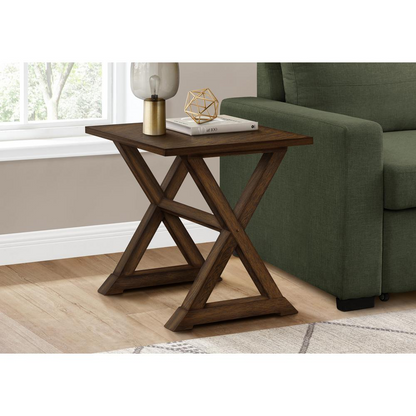 Square accent table with brown veneer surface and a lamp, featuring a transitional style design.