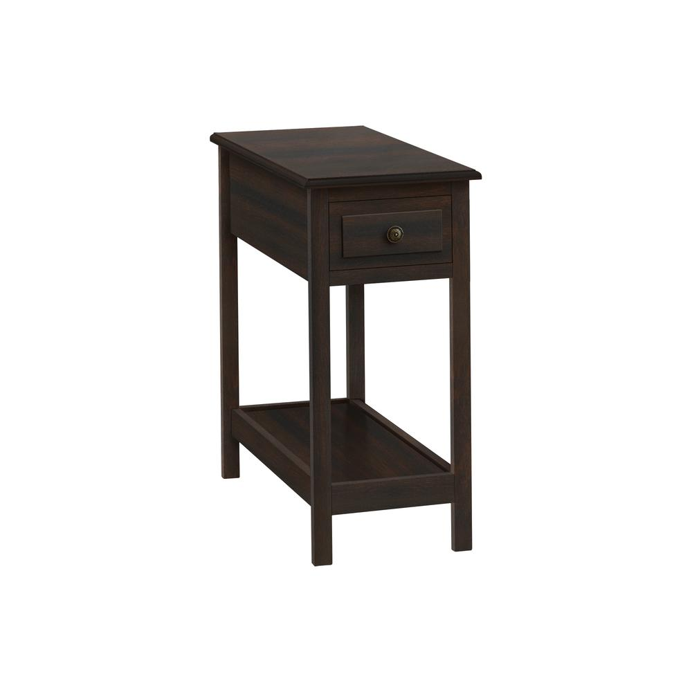 Brown veneer accent table with two tiers, storage drawer, and lamp, featuring a narrow, transitional design.