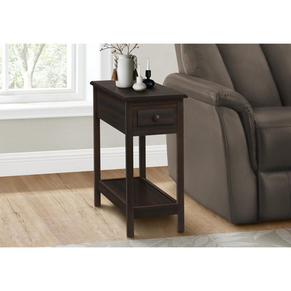 Brown veneer accent table with two tiers, storage drawer, and a lamp, featuring a narrow transitional design.