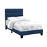 Twin size upholstered bed frame in blue velvet with a transitional design, featuring a padded headboard and sturdy wooden legs.
