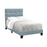 Twin size upholstered bed frame in light blue velvet with a transitional design, featuring a padded headboard and sleek wooden legs.