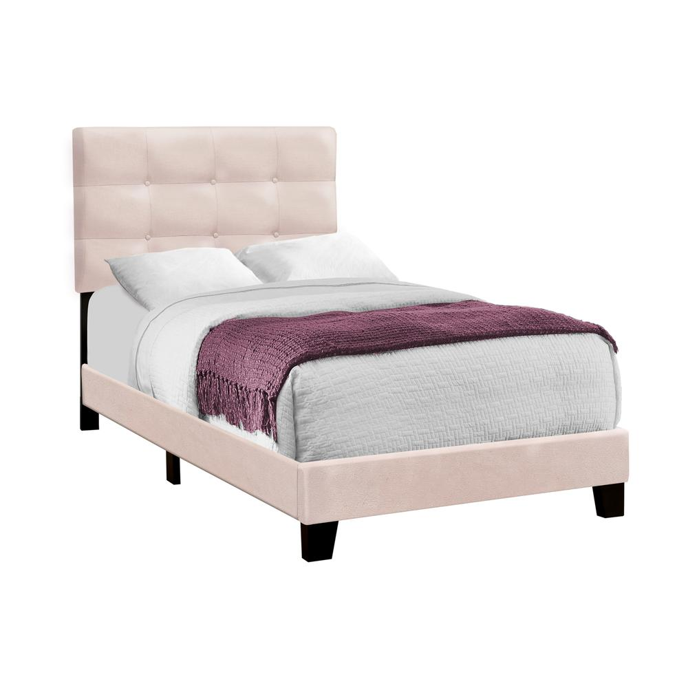 Pink velvet twin size upholstered bed frame with a transitional design from Start2Finish, shown with a clean, modern headboard.