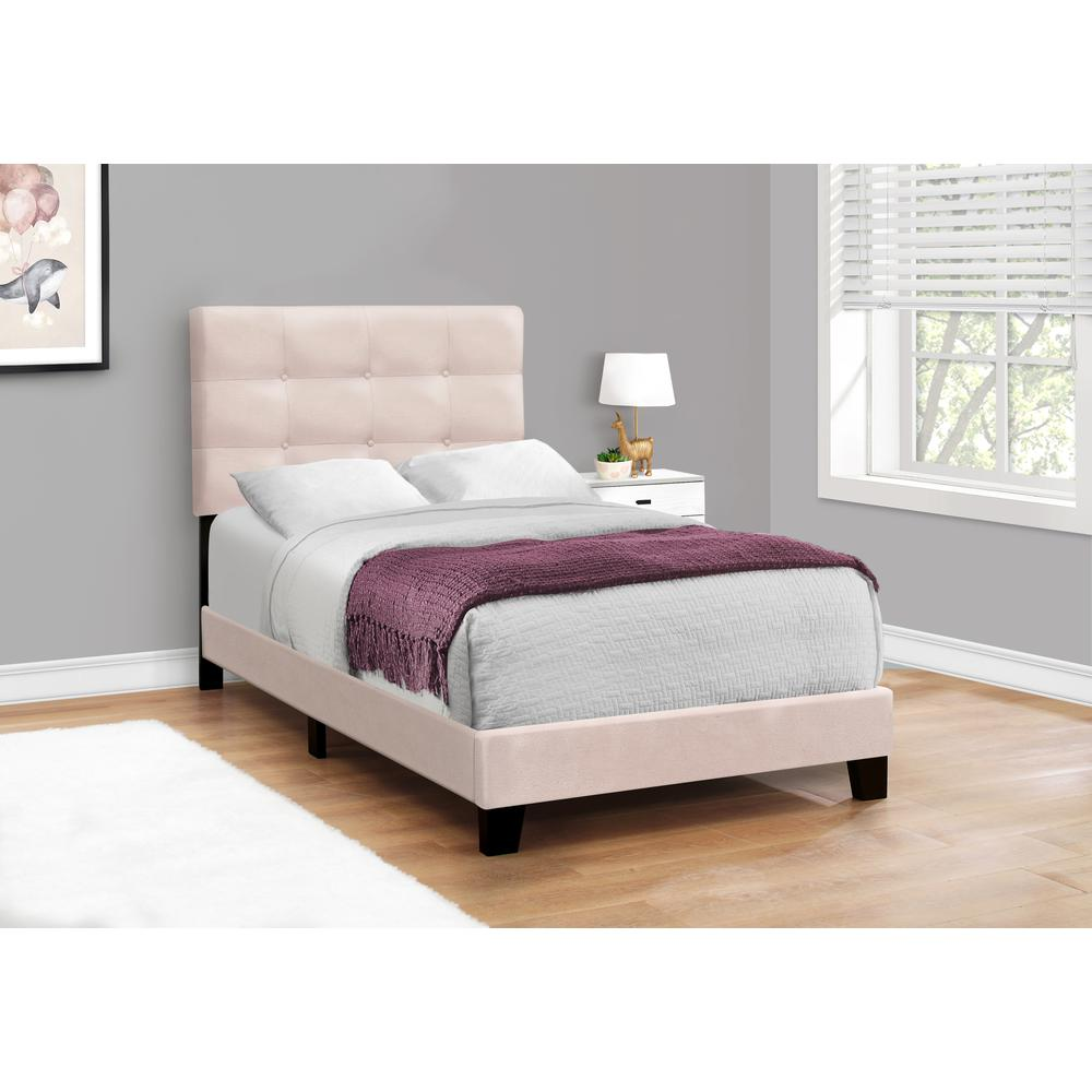 Twin size upholstered bed frame in pink velvet with a transitional style, featuring a sturdy furniture base by Start2Finish.