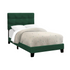 Twin size upholstered bed frame in green velvet with a transitional design, featuring a sleek, padded headboard and sturdy wooden legs.