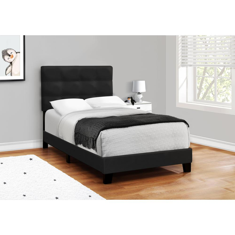 Black velvet upholstered twin size bed frame by Start2Finish, transitional style, with a simple, elegant design.