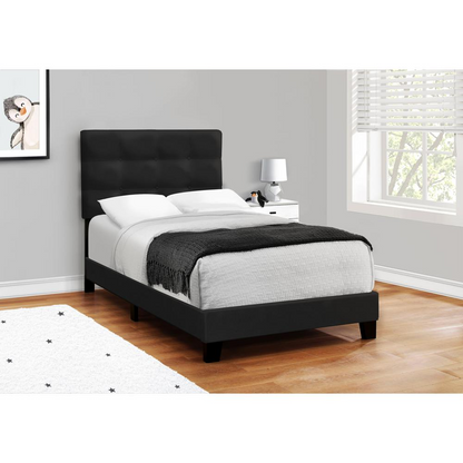 Black velvet upholstered twin size bed frame by Start2Finish, transitional style, with a simple, elegant design.