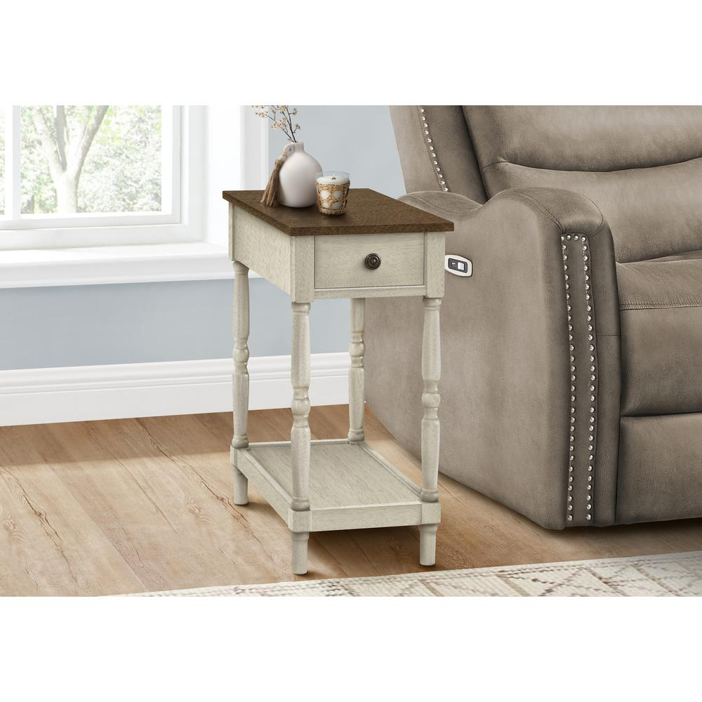 Start2Finish 2-tier accent table with lamp, storage drawer, in brown and white veneer, featuring a narrow design and modern style.