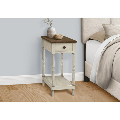 Start2Finish 2-tier accent table with narrow design, brown and white veneer finish, featuring a lamp and storage drawer.