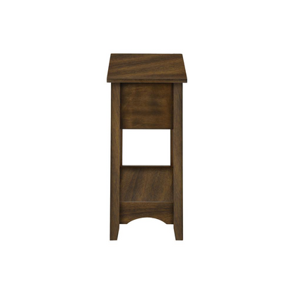 Start2Finish brown veneer accent table with two tiers, narrow design, storage drawer, in a transitional style.