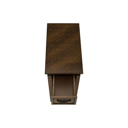 Start2Finish brown veneer accent table with two tiers, narrow design, storage drawer, in transitional style.
