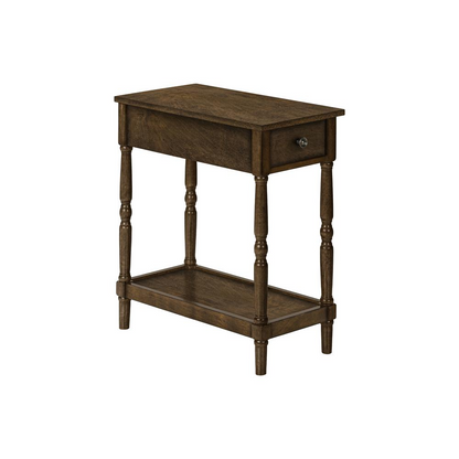 Start2Finish brown veneer accent table with two tiers, storage drawer, narrow design, traditional style, and lamp on top.