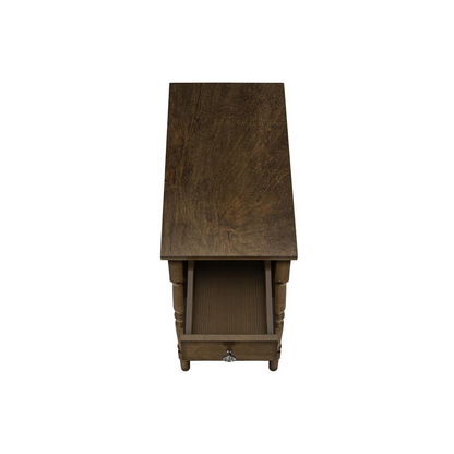 Start2Finish brown veneer accent table with two tiers, lamp, and storage drawer in traditional style, narrow design.