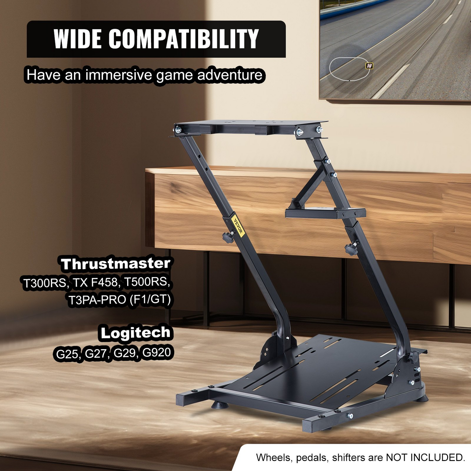 Start2Finish VEVOR G920 Racing Steering Wheel Stand with shifter mount for Logitech G27, G25, G29 gaming wheels, pedals not included.