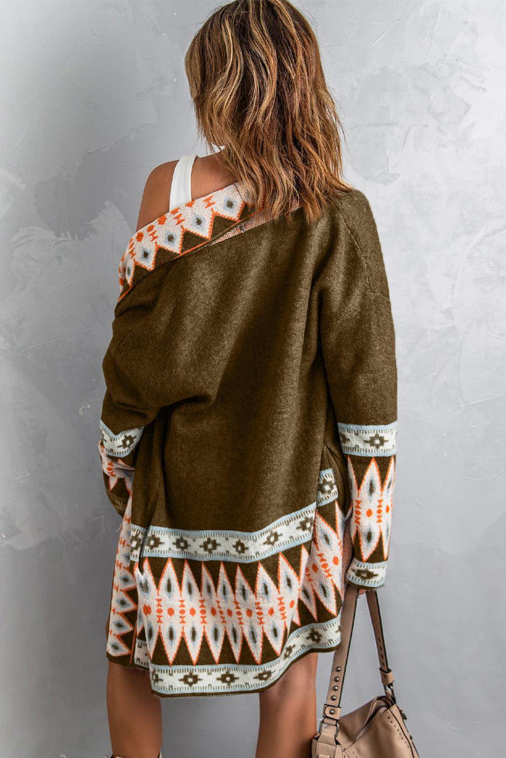 Brown Aztec print open front knitted cardigan by Carmine Juneberry, featuring a cozy sweater style with intricate geometric patterns.