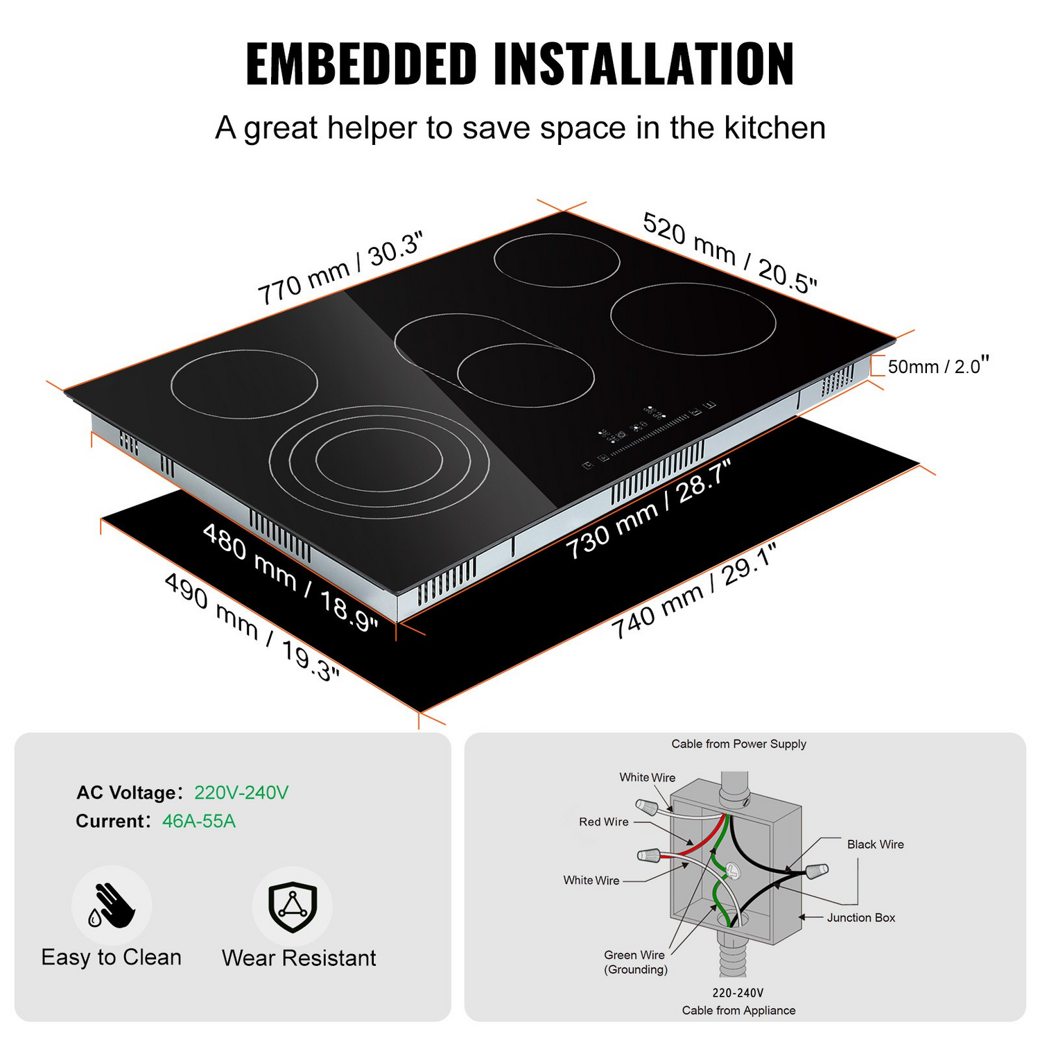 Start2Finish VEVOR built-in electric stove top with 5 burners, glass surface, touch control, timer, and child lock, 240V appliance