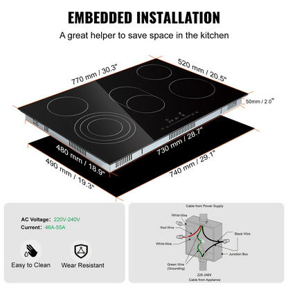 Start2Finish VEVOR built-in electric stove top with 5 burners, glass surface, touch control, timer, and child lock, 240V appliance