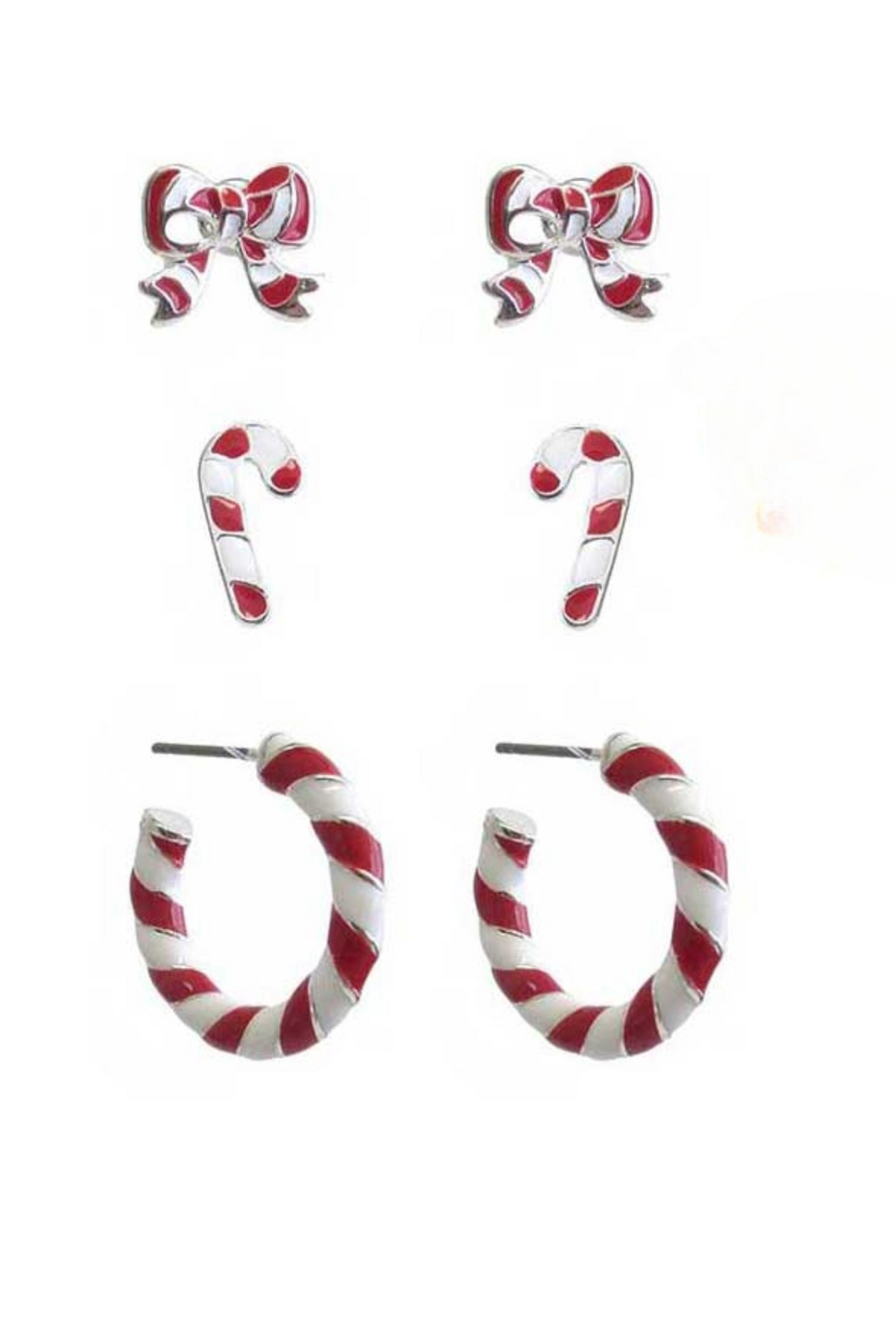 Set of three candy cane holiday earrings from Start2Finish, featuring festive red and white jewelry for seasonal wear.